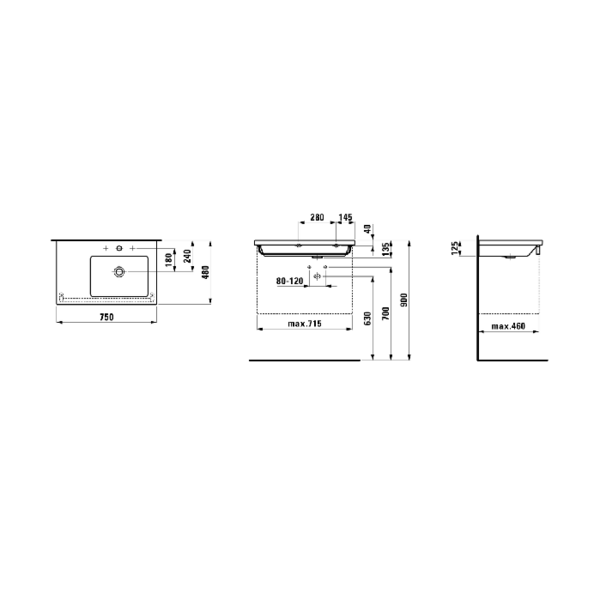 Laufen LIVING SQUARE раковина-столешница, полка слева, 750x480x40 мм, без отверстия для смесителя, белый