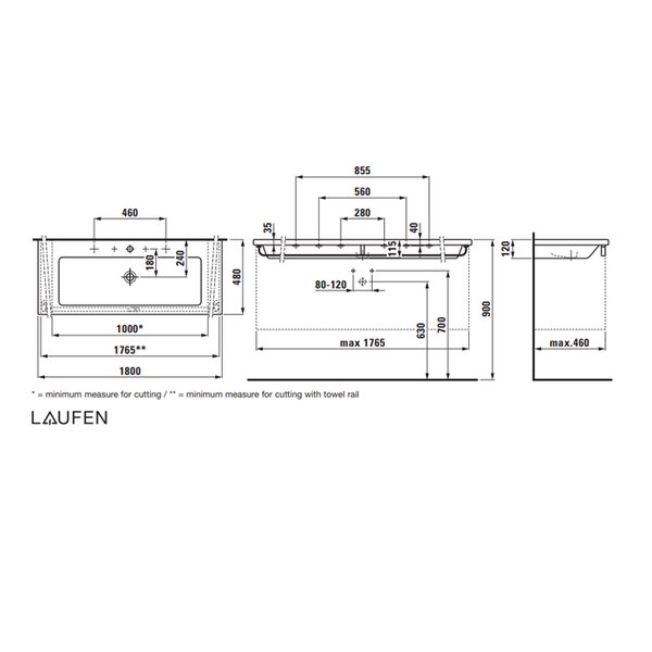 Laufen Living Square Раковина неподрезаемая, 180x48x4 см, 1 отв для смес. по центру, белый (продаем с базой 4.0136.1.075.999.1 и по запросу отдельно)
