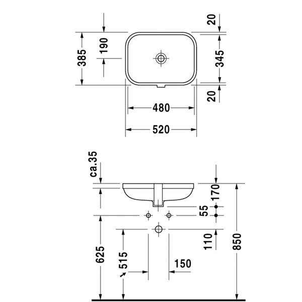 DURAVIT Happy D.2  Раковина встраиваемая снизу 480х345 мм., без отверстия для смесителя, с переливом, цвет белый