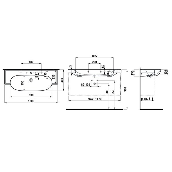 Laufen New Classic Раковина накладная овальная 1200х480х75 мм, с 1 отв,с переливом, цвет белый (ПРОДАЕМ только с базой 4.0605.2.085.631.1 )