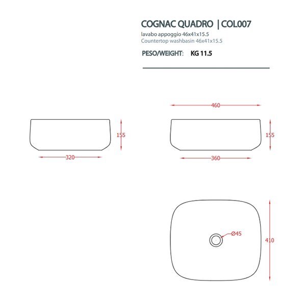 ARTCERAM COGNAC Раковина настольная Quadro 46x41 см, цвет белый глянец, покурытие Saniglaze
