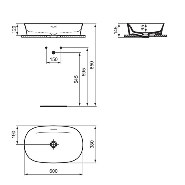 Ideal Standard Ipalyss Раковина 600х380хh120 мм, накладная, овальная, без отв. под смес., с крепежом, шаблоном, покрытие: Diamatec&reg; цвет: белый глянец