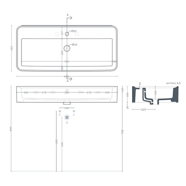 Artceram RODOLFO 100  Раковина накладная/подвесная  100х45 см, с 1 отв под смеситель, без слив перелива, цвет белый.+покр SANIGLAZE