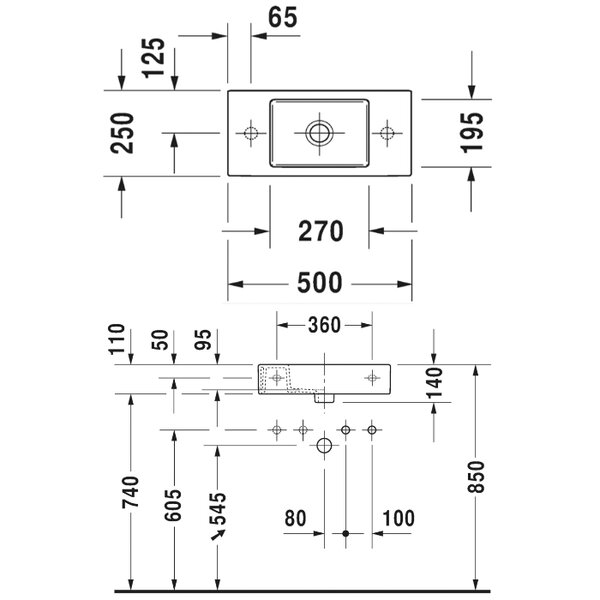 Duravit Vero Air 0724500009 Раковина 500х250 мм,  с 1 отв. под смеситель слева