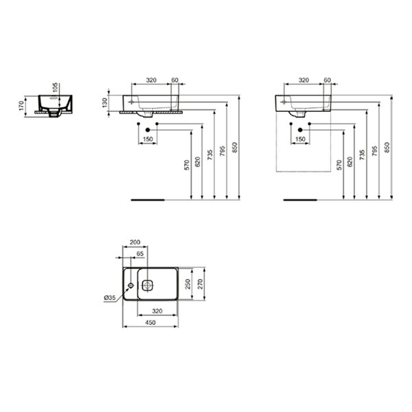 Ideal Standard Strada 2 Guest Раковина 500х350 мм, подвесная, с отв. под смес. слева , с крепежом и керам крышкой, цвет: белый глянец