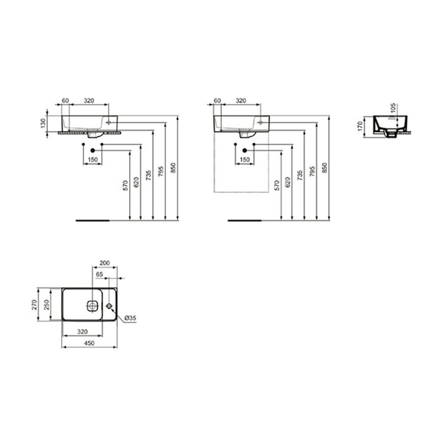 Ideal Standard Strada 2 Guest Раковина 450х270 мм, подвесная, с отв. под смес. справа , с крепежом и керам крышкой, цвет: белый глянец