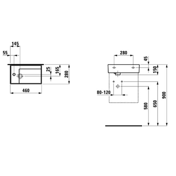 Laufen Kartell Раковина 460х280х120мм без перелива, с 1 отв. под смес, полочка слева, цвет: белый