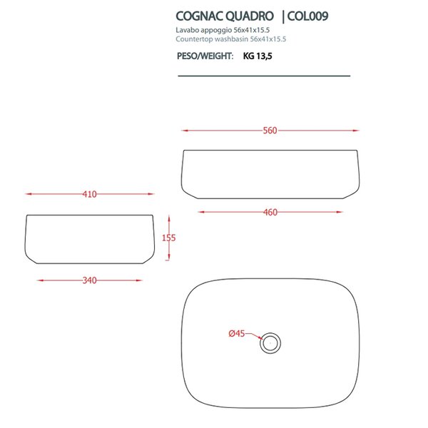 ARTCERAM COGNAC Раковина настольная Quadro 56x41 см, цвет белый глянец, покрытие Saniglaze
