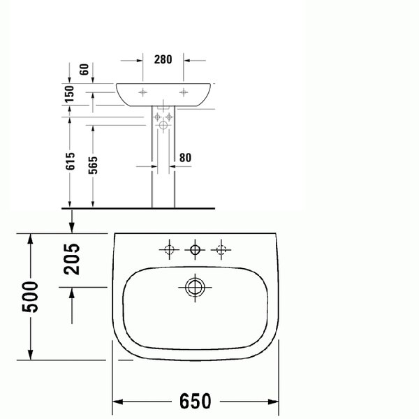 Duravit D-Code Раковина  с перел., с 1 отв. под смес., 650x500мм, Цвет: Белый