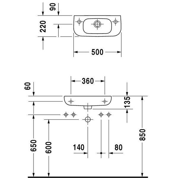 Duravit D-Code Раковина для рук с перел., с 1 отв. под смес. справа, 500x220мм, Цвет: Белый
