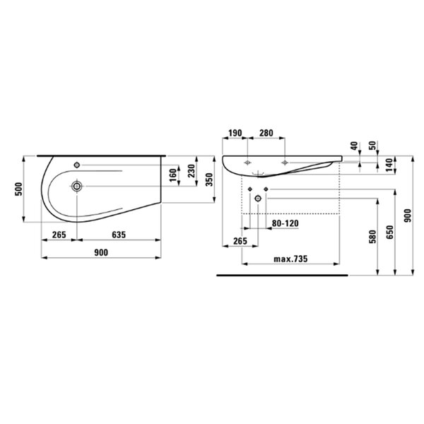 Laufen Alessi One Раковина 900х500х165мм с 1 отв. под смеситель, полка справа, с покр. LLC, цвет: белый