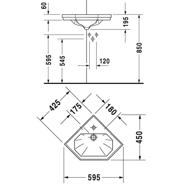 Duravit 1930 Раковина угловая с перел. и 1отв. под смес., 59х45х Н: 19.5см, Цвет: Белый (СПЕЦЦЕНА со склада поставщика!)