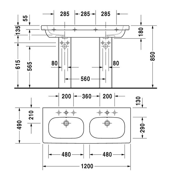 Duravit D-Code Двойная раковина для мебели, с перел.,с 1 отв. под смес., 1200x490мм, Цвет: Белый