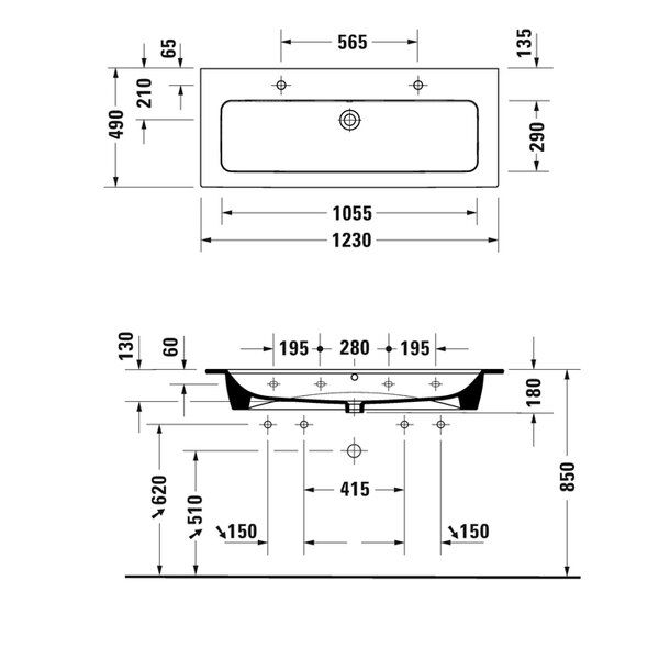 Duravit ME by Starck Раковина для мебели 1230х490 мм,   с переливом, с площадкой, с 2 отв. под смеситель, Цвет белый