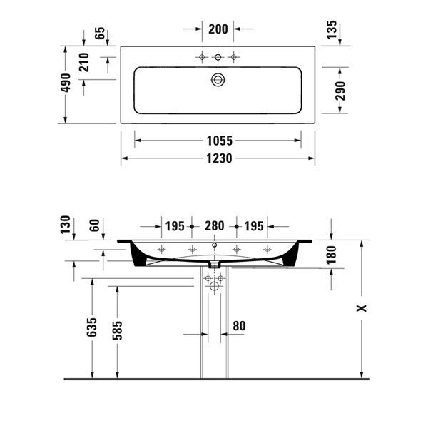 Duravit ME by Starck Раковина для мебели 1230х490 мм,   с переливом, с площадкой, с 1 отв. под смеситель по центру, Цвет белый