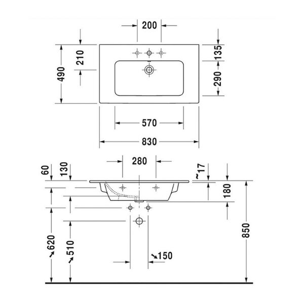 Duravit Me by Starck Раковина для мебели 830х490 мм с 1 отв под смеситель, цвет белый (продаем с базой LC624107979)