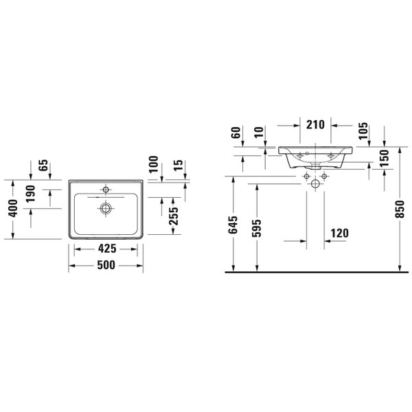 Duravit D-Neo Раковина 500 x 400 mm, отверстия для смесителя-1, цвет-альпийский белый