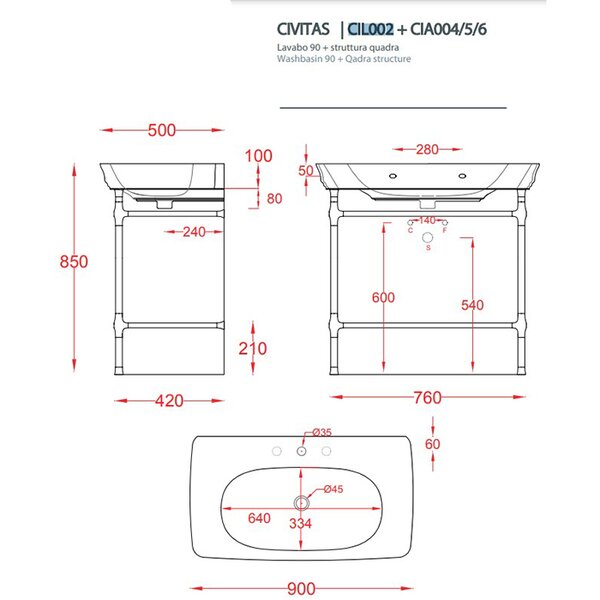 Artceram CIVITAS Раковина-консоль подвесная 90х50 см, са 1 отв под смес. с крепл, цвет белый (С нашего склада Продаем с ножками  CIC002 01 00)