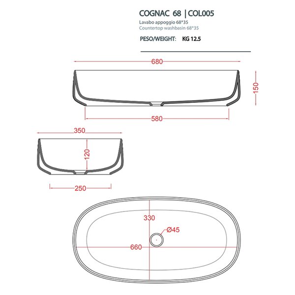 ARTCERAM COGNAC Раковина настольная 68x35 см, цвет матовый белый, Saniglaze