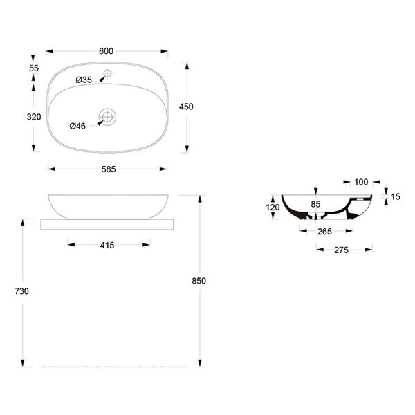 Alice Form Раковина Oval 60x45хВ12 Plan, накладная, с отверстием под смеситель, белый матовый