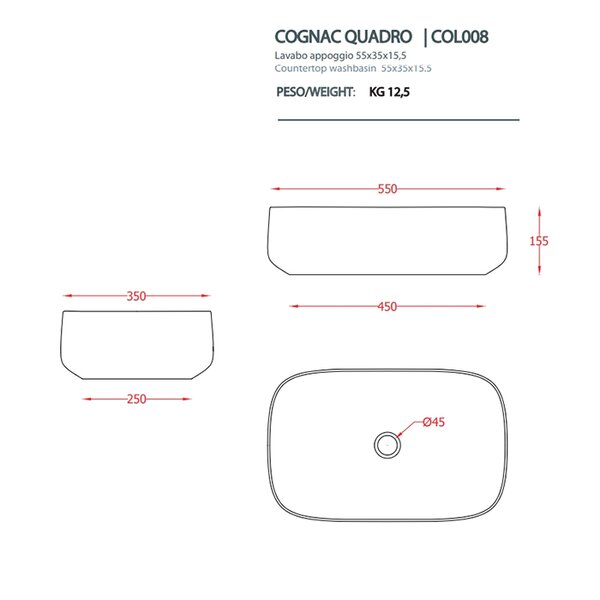 Artceram COGNAC Раковина накладная Quadro 55x35 см, цвет: denim (НЕ производится!)
