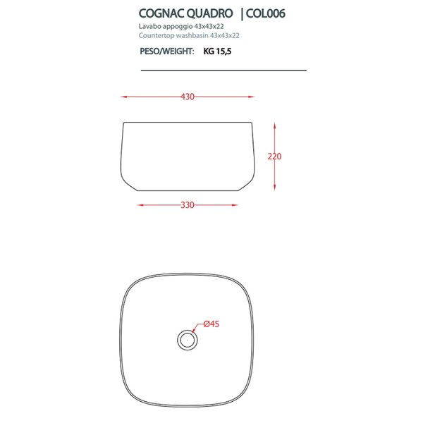 ARTCERAM COGNAC Раковина настольная Quadro 43x43 см, цвет матовый черный, Saniglaze