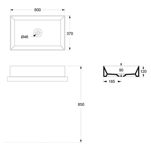 Alice Spy Раковина Rectangular 60x38хВ12, накладная, без отверстия под смеситель, чёрный матовый