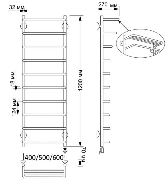 Полотенцесушитель электрический латунный Secado Мерида 2 50x120 бронза