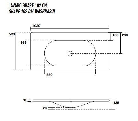 KERASAN SHAPE Раковина 1020х520 мм., встраиваемая, с 1 отверстием для смесителя, цвет белый глянцевый