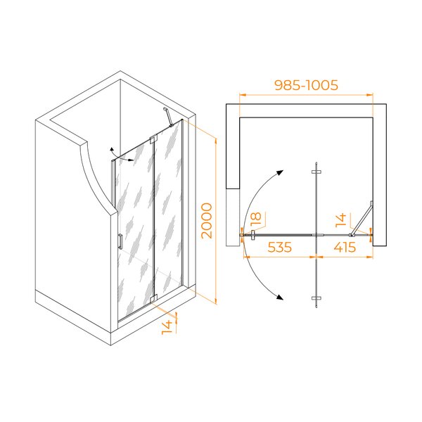 Душевая дверь RGW HO-014B 100x200 см, стекло Матовое-Сатинат, регулировка 985-1005 мм