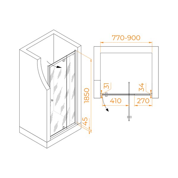 Душевая дверь RGW PA-02 80x185 см, стекло Прозрачное, регулировка 770-900 мм