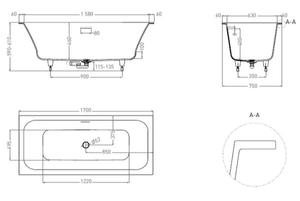 Salini Orlanda Axis Kit Встраиваемая ванна на ножках 170х75х60см.,   Down , сифон, интегрированный слив-перелив, материал: S-Stone, цвет: белый матовый