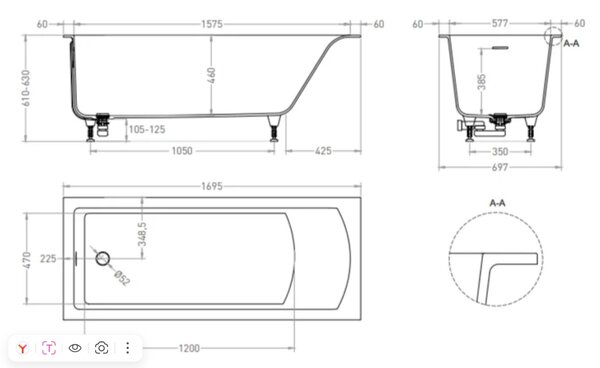Salini Cascata KIT Встраиваемая ванна 1700х700х600м м., донный клапан  Click-Clack  белый, сифон, ножки, мат-л: S-Stone, цвет: белый матовый