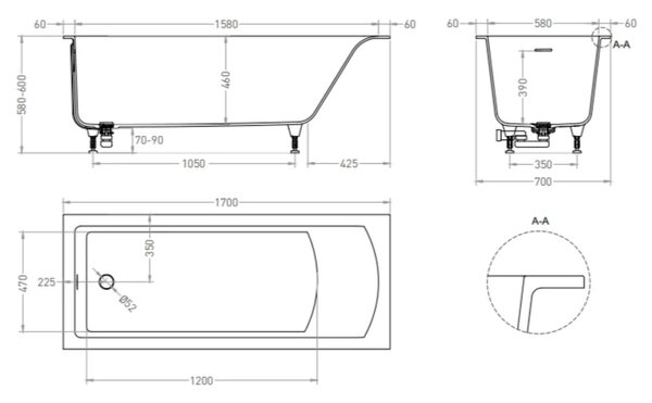 Salini Cascata KIT Встраиваемая ванна 170х70х60см., донный клапан  Click-Clack  белый, сифон, ножки, мат-л: S-Sense, цвет: белый глянцевый