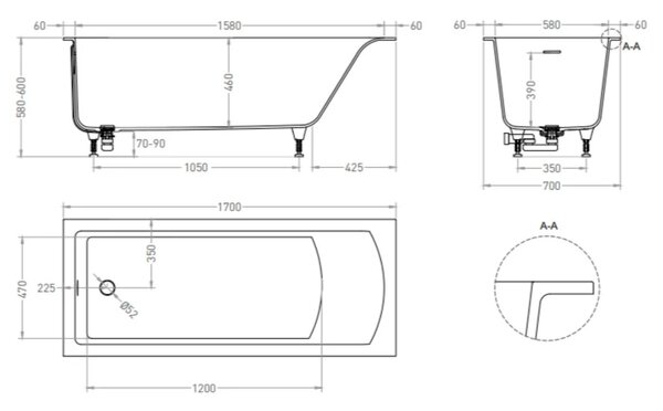 Salini Cascata KIT Встраиваемая ванна 170х70х60см., донный клапан  Click-Clack  белый, сифон, ножки, мат-л: S-Sense, цвет: белый матовый