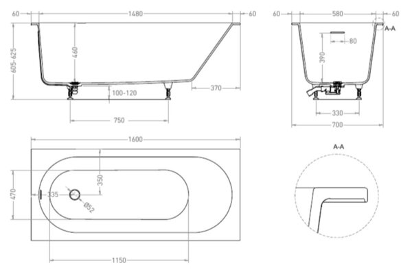Salini Ornella KIT Встраиваемая ванна 160х70х54см., с донным клапаном, сифон, интегр слив-перелив, мат-л: S-Stone, цвет: белый матовый