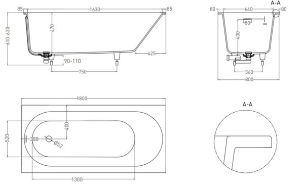 Salini Ornella Kit Встраиваемая ванна 180х80х60cм, овальная чаша, донный клапан, сифон, щелевой слив-перелив, S-Stone, цвет: белый матовый