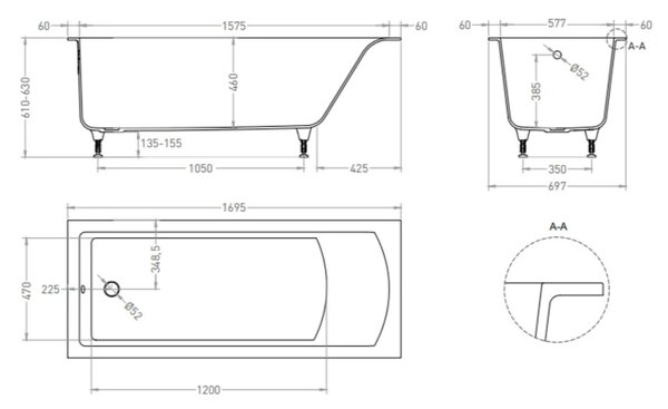 Salini Cascata Встраиваемая ванна 170x70x55.2см., ножки, сифон, мат-л: S-Stone, цвет: белый матовый