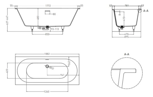 Salini Ornella Axis 190 Kit Встраиваемая ванна 190х90х60см, прямоугольная, материал: S-Stone, донный клапан   Down , слив-перелив, цвет: белый матовый