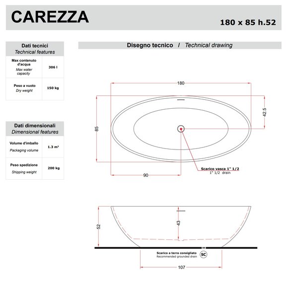 Gruppo Treesse Carezza Ванна отдельностоящая овальная 180х85х52 см из искусственного камня, цвет: белый матовый