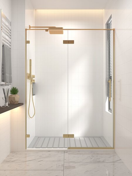 Душевая дверь Veconi Premium Alassio G, 1200х2000, брашированное золото, стекло прозрачное осветленное, регулировка 119-120 см