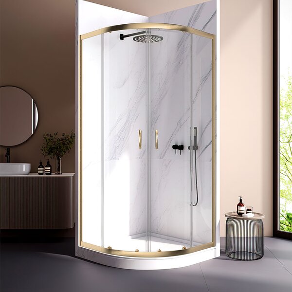 Душевой угол Veconi Rovigo RV-202G, 900x900x1900, брашированное золото прозрачное стекло