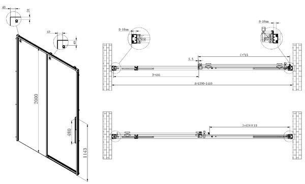 Душевая дверь Vincea Ультима (Ultima) VDS-7UL140CLGM 140x200 см, профиль хром. Размер регулировки 1390-1410 мм