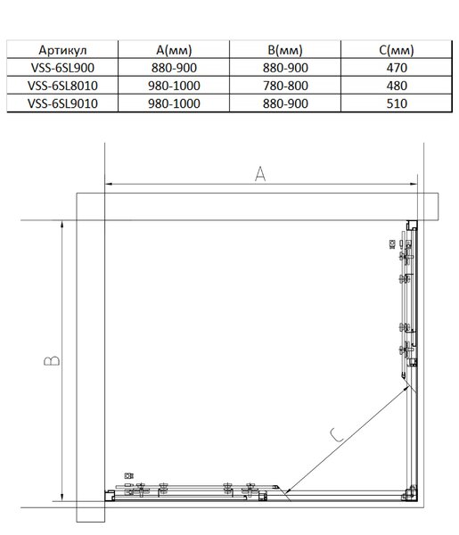 Душевой уголок Vincea Слим 8 (Slim 8mm) VSS-6SL9010CLB, 1000*900, черный, стекло прозрачное