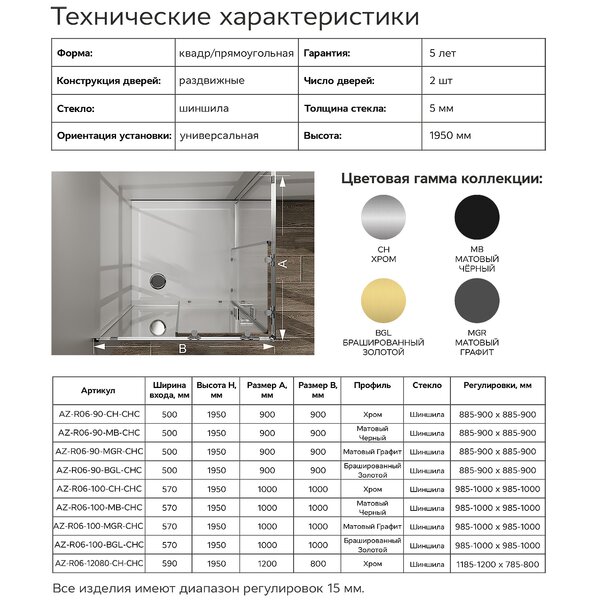 Душевой уголок Azario Париж 900х900х1950 стекло Шиншилла 5 мм, профиль брашированное золото (AZ-R06-90-BGL-CHC)
