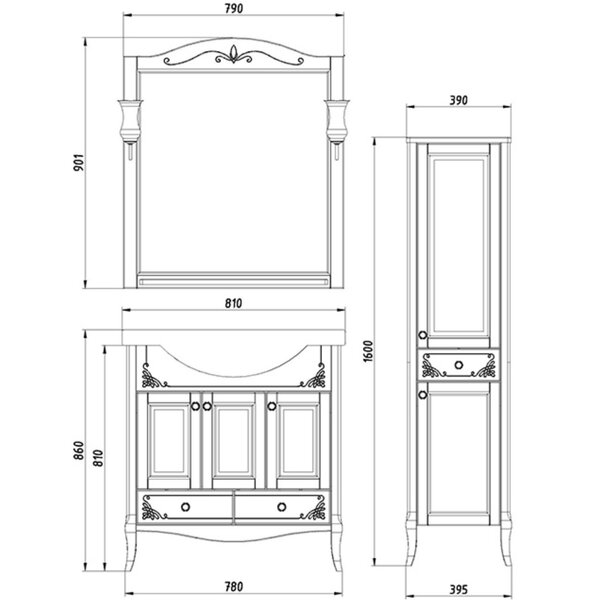 Комплект мебели ASB-Woodline Салерно 80 цвет белый / патина серебро (зеркало, тумба, раковина)