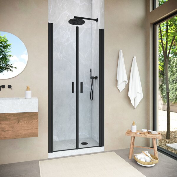 Душевая дверь в нишу Vegas Glass E2P NOVO 85 02М 01 профиль черный матовый, стекло прозрачное. Размер регулировки 82,5-87,5 см.