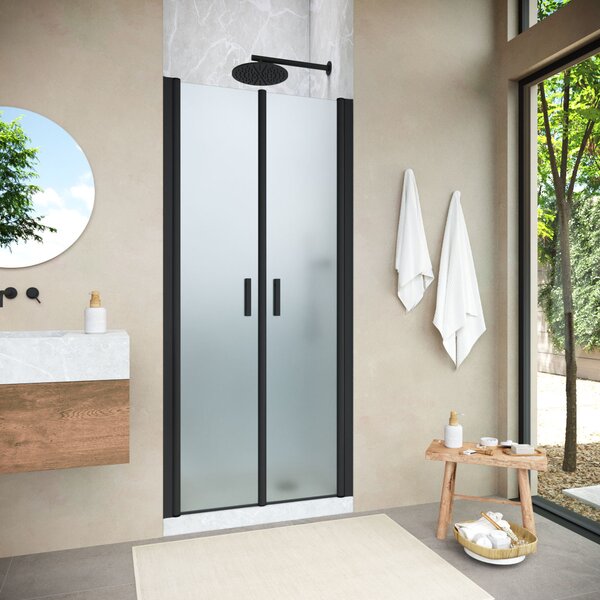 Душевая дверь в нишу Vegas Glass E2P NOVO 85 02М 10 профиль черный матовый, стекло сатин. Размер регулировки 82,5-87,5 см.