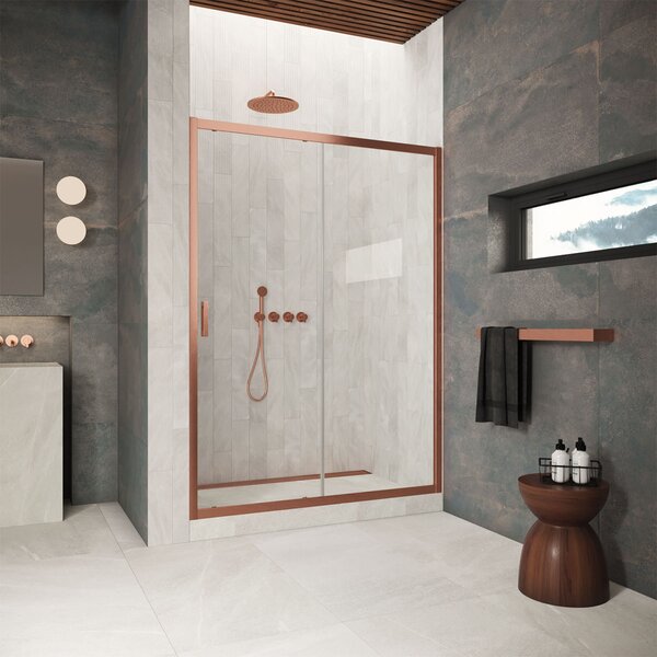 Душевая дверь в нишу Vegas Glass ZP Protec 170 12 01, профиль медь, стекло прозрачное. Размер регулировки 168-173 см.