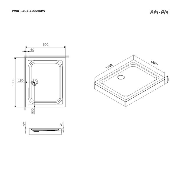 Акриловый душевой поддон 100 x 80 см, AM.PM Gem W90T-404-100280W